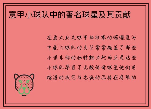 意甲小球队中的著名球星及其贡献