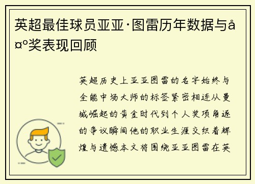 英超最佳球员亚亚·图雷历年数据与夺奖表现回顾